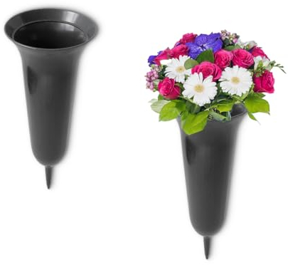 matches21 HOME & HOBBY Grabvasen zum Stecken als frostsichere Grabdeko - Graue Friedhofs-Vasen 2er in 26 cm als wetterfester Kunststoff Grabschmuck - Erdspieß Blumenvasen als schöne Steckvasen