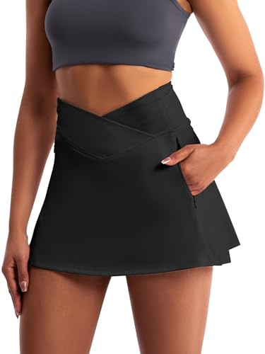 Gonna sportiva da donna, con 4 tasche e pantaloni, elasticizzata, da golf, per escursioni, ciclismo, Nero , S