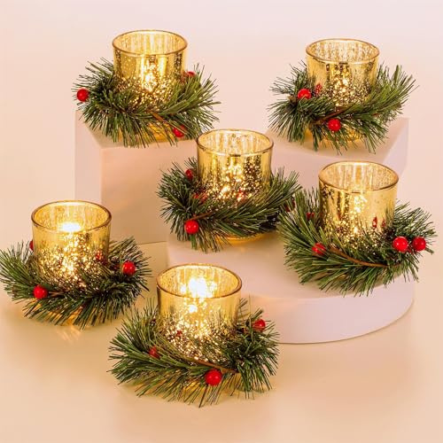 Glasseam Christmas Candle Holder Glass: Tea Light Candle Holders Gold with Candle Wreath Ring Set of 6 Tealight Holders for Christmas Table Decoration Votive Candle Holder for Centrepiece Home Decor