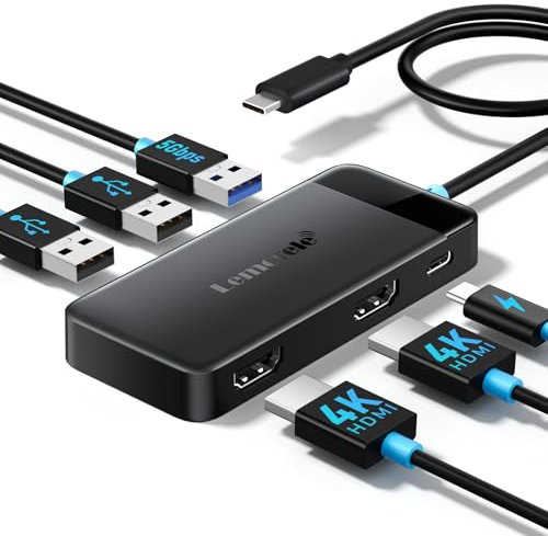 Lemorele Docking Station Dual Monitor - 6 in 1 USB C Hub 2*HDMI Adapter 4K, 3 USB 3.0/2.0, PD 100W Plug and Play for Dell/HP/MacBook/Surface Laptop