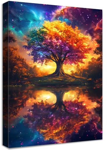 Wooden Framed Canvas Wall Art Colorful Tree Painting on Canvas Prints Poster Cosmic Tree Of Life Astral Sunset Dreamscape Pictures for Living Room Bedroom Dinning Room Corridor Wall Decor 40x60cm