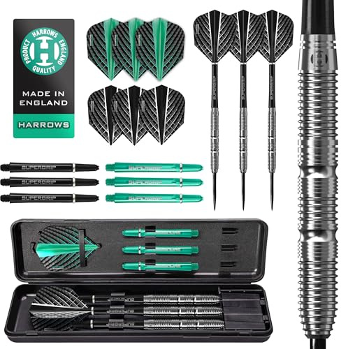 Harrows NX Elite 90% Tungsten Steel Tip Darts Set I 21g to 26g All Weights Available I Huge 17pcs Bundle with Supergrip Shafts, Quantum Flights & Travel Case (23g)