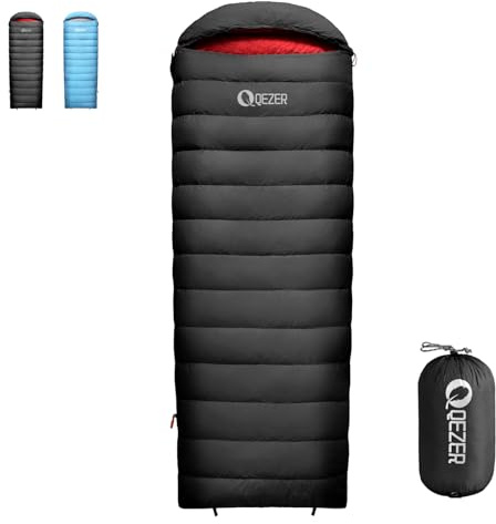 QEZER Down Sleeping Bag for Adults, 600 Fill Power, Ultralight & Compact with Pouch for Backpacking, Camping, Hiking