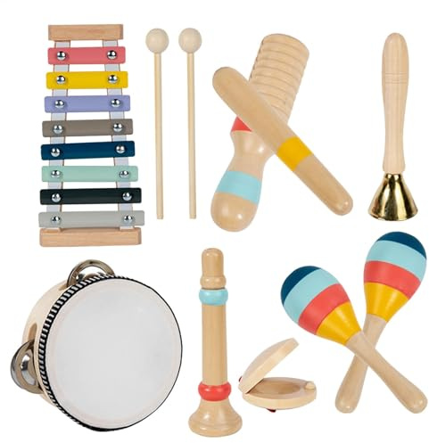 Wooden Musical Instruments For Percussion Instruments Children's Early Childhood Musical Set Wooden Percussion Toys With Tambourine Xylophone Toddler Musical Sensory Toys For 1-3Year Olds