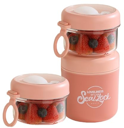 Stainless Stee Breakfast Cereal Cup On The Go 530ml+330ml, Reusable Overnight Oats Jar with Spoon for Freezer & Dishwasher, Portable Leak-Proof Yogurt Pot for School Office Travel Picnic (Pink)