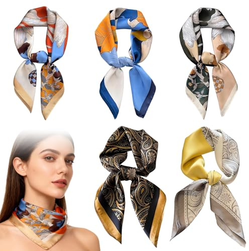 KLEHOPE 5 Piezas Pañuelo Cabeza Mujer, 70 × 70 cm Pañuelo Mujer, Floral Pañuelos Cuello Mujers, 5 Estilos Pañuelos-Cuadrados, Material de Poliéster, para Chales, Bufandas
