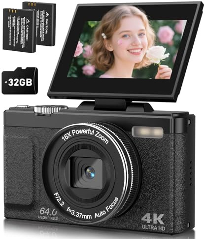 EJXHKNF 4K 64MP Digital Camera with Flip Screen, Retro Vlogging Cameras for YouTube, Compact Photography Camera Gift for Beginners & Teens, Travel Video Camera with 32G Card, 2 Batteries(Black)