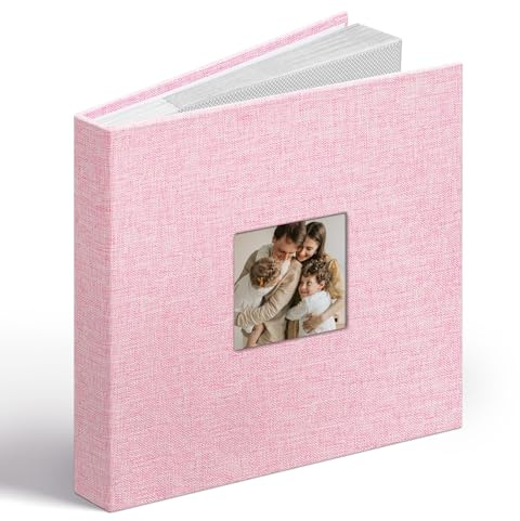 Vienrose Álbum de Fotos Lino 6x4 48 Fotos con Ventana en Portada, Bolsillos Ácido-Free, Álbum de Recuerdos con Espacios para Notas, Regalo para Bodas, Familia, Bebé, Aniversario (Rosa)