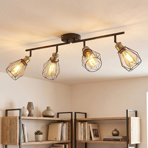 ANWIO Lampara Techo Con 4 Focos, Focos LED Interior Techo Giratorios E27, Lámparas de Techo Negro, Foco de Pared para Interior Iluminación para Dormitorio,Pasillo,Cocina (Sin Bombilla)