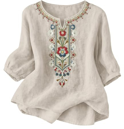 Genérico Camisas Mujer Primavera Manga 3/4 Algodón Lino Cuello V Bordado Étnico Blusa Transpirable Verano Oficina Suelta Casual Elegante Original Tops Fiesta Boho
