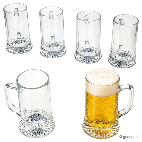MamboCat Akki - Set di 6 boccali da birra da 0,4 l, altezza 15,7 cm, per 6 persone, in vetro con fondo a stella e manico, bicchieri da birra trasparenti da 400 ml, per feste