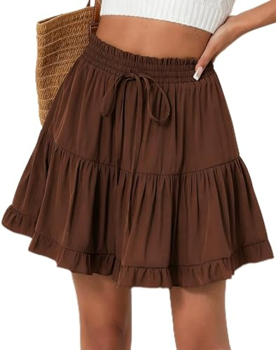 Womens Skirts Elastic Waistline Ruffle Skirts Boho Beach Swing Short Pleated Skirt