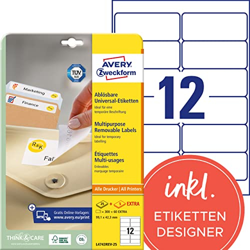 AVERY Zweckform L4743REV-25 Universal Etiketten (300 plus 60 Klebeetiketten extra, 99,1x42,3mm auf A4, wieder rückstandsfrei ablösbar/abziehbar, bedruckbar, selbstklebende Aufkleber) 30 Blatt, weiß