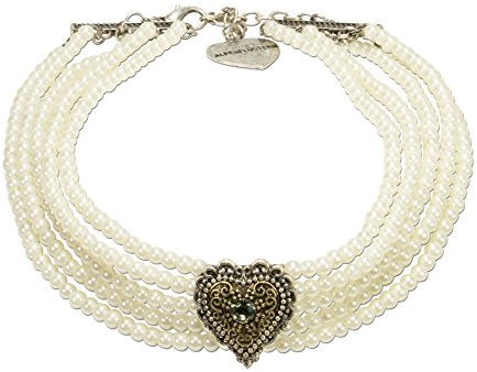 Alpenflüstern Trachten-Perlen-Kropfkette Margarethe - Elegante Trachtenkette mit Trachtenherz Bicolor-Farben - nostalgischer Damen-Trachtenschmuck Dirndlkette Creme-weiß DHK165