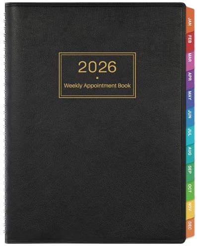 Artfan Kalender 2026 mit Zeit, Zeitplan mit 15-Minuten-Zeitplan, 21,8 x 29 cm, weicher Kunstlederbezug, Terminkalender mit Ringbindung, Schwarz