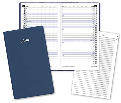 Monatstaschenkalender für das Jahr 2025 Classica Taschenplaner mit Monatsübersicht in Blau mit 8-seitigem Adressheft und PVC Einband in Blau