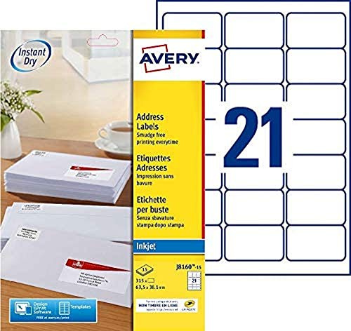 AVERY - 315 Étiquettes Adresse Autocollantes Blanches Personnalisables - Format 63,5 x 38,1 mm - Impression Jet d'Encre