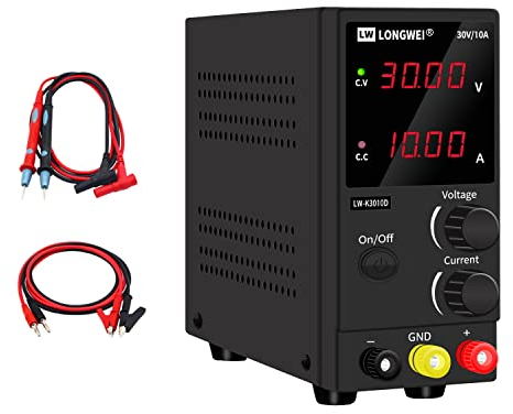 LONGWEI Fuentes de Alimentacion Regulables, 30V 10A Fuente de Alimentación Regulable conmutación ajustable digital, Fuente de Alimentacion laboratorio ,con pinzas cocodrilo electronica,cable de prueba