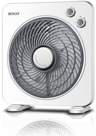 SOGO Ventilateur de table ou de sol FanBox à 3 vitesses, faible bruit, minuterie jusqu'à 1 heure, 5 pales et grille diffuseur rotatif (33 x 35 cm)