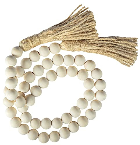 Decorative Wood Bead Garland Home Decor, Farmhouse Garland Beads with Tassel, Wooden Tier Tray Rustic Prayer Boho, Wooden Farmhouse Decor Boho Tassel