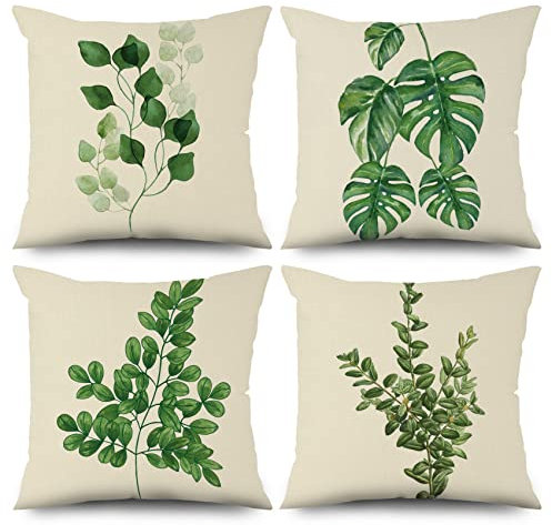 ASDCXZ Grün Kissenbezug 40x40 cm 4er Set, Minimalismus Frühling Grün Blätter Sofa Dekokissen Kissenbezüge Kissenhülle Waschbar Polyester Flachs Textil Outdoor Polster Kopfkissenbezug Kissen Bezug