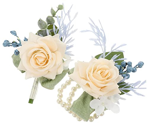 CIYODO Corsage Und Boutonniere Set Künstliche Hochzeitsblumen Handgelenk Corsage Und Ansteckblumen Für Braut Und Bräutigam Bei Hochzeiten Und Feierlichen Anlässen