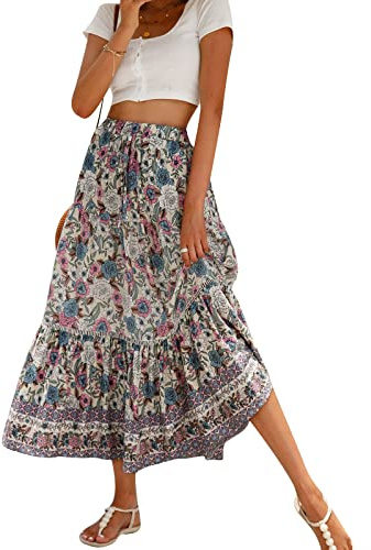Women Casual Boho Long Skirt Vintage Floral Print Bohemian Style Half Dress Elastic Waist Flowy Swing Midi Skirt Summer Spring (Creamy White, L)