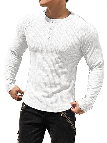 Muhshoiy Manica Lunga Uomo Casual,Maglietta a Maniche Lunghe Casual Slim Henley Maglietta 3 Bottoni,Long Sleeve Shirt White L