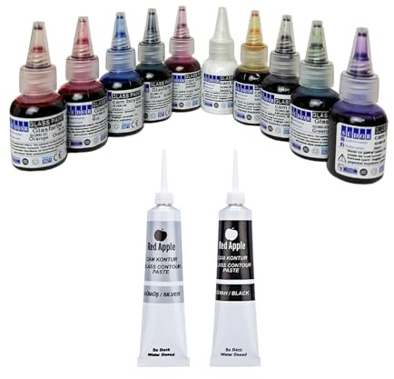 SÜDOR Set di colori per vetro colorato ad asciugatura rapida, vetro colorato Vitrail, adatto per decorazioni decorative. (10 colori x 25 ml e colori per contorni (2 x 20 ml))