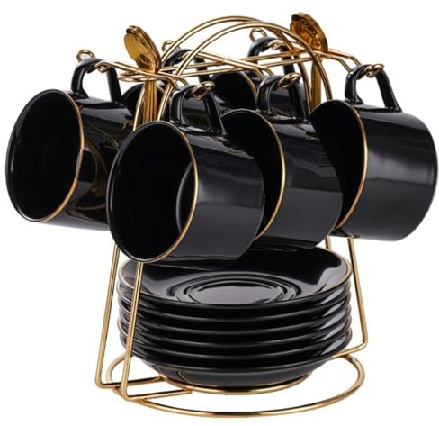 HSTWODE-cappuccino koppar set koppar och tefat med 6 (150 ml), lyxig tekopp set med gyllene trim, kaffekopp med handtag, brittiskt kungligt porslinskoppar (glänsande svart)