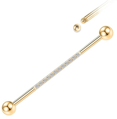 Industriel Or 14G Barre Industrielle Piercing de Langue et d'Hélice 38 mm Boucle D'oreille Conque et de Cartilage Cube en Zircon pour Hommes et Femmes