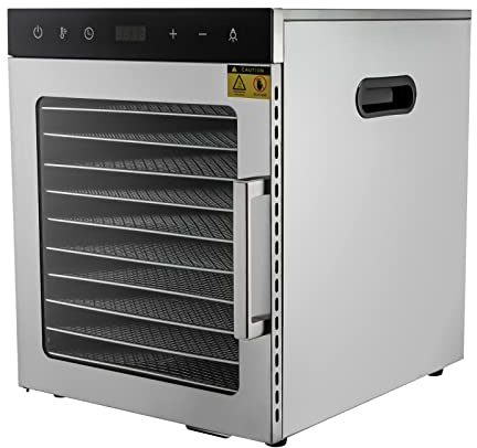 HarBin-Star Torkningsverktyg rostfritt stål 10 fack, 800 watt uttorkare med 10 galler i rostfritt stål och LED-skärm, timer 24 h dehydrator, 30–90 ℃, frukttork, torkmaskin