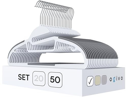 OGIVO Kunststoff Kleiderbügel – 50 er Set - rutschfest Bügel für Ihren Garderobe - kleine Stange für Krawatten - Haken um 360° drehbar - für trockene und nasse Kleidung - platzsparend (Weiß)