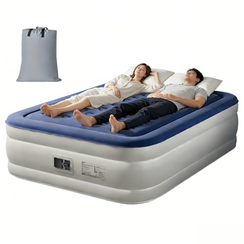 LEADZM Luftbett 2 Personen, Luftmatratze Selbstaufblasend Doppel, mit Eingebauter Elektrischer Pumpe,203x152x46 cm,Gästebett in 4 Minuten aufgeblasen,295 Kg Belastbarkeit,Flockoberfläche & PVC, Blau