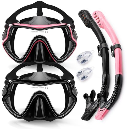 Vogista Dry Top Snorkel Set Adults, 5-in-1 Snorkeling Gear for Adults with Anti-Fog and Anti-Leak Tempered Glass, Snorkel Set with 180° Panoramic Wide View Scuba Mask Diving Goggles