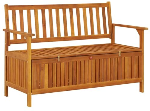 Mokuyary trädgårdsbänk med förvaringsutrymme, 120 cm, massivt trä, akacia, sittbänk, parkeringsbänk med kuddlåda, balkongbänk, utomhus, bänk för trädgård, terrass, balkong