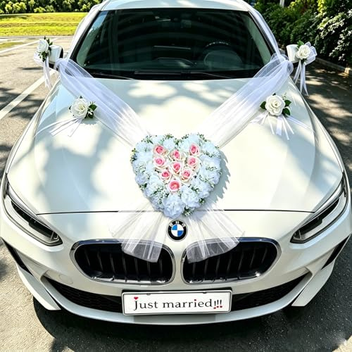 Rosa hjärtformade bilsmycken bröllop motorhuv, bröllop bilrosetter, bilgirlang, bilsmycken brud par rosdekoration, silkesblommor för bröllopsbil med extra starka sugkoppar och 2 x 240 cm organza