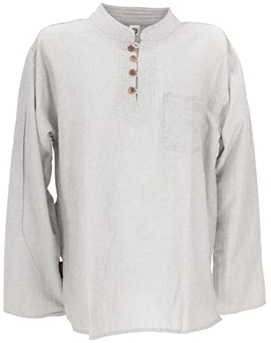 Guru-Boutique, Chemise de Pêcheur Ethno Népalais Avec Boutons en Noix de Coco, Chemise Goa, Chemise Décontractée à col Montant, Gris, Ducoton, Size:M, Des Chemises