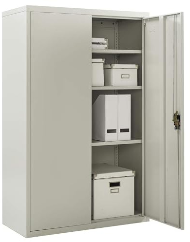 MMT Furniture Metal Storage Cabinet - 2 Door Lockable Filing Cabinet -Storage Cupboard for Home, Office, Files, Pantry, Utility, Garage Tools - 3 Shelf Unit - Grey