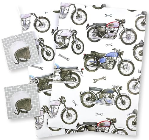 Papel de regalo ecológico reciclado y reciclable para motocicleta, 2 hojas y 2 etiquetas, cumpleaños, Navidad, día del padre