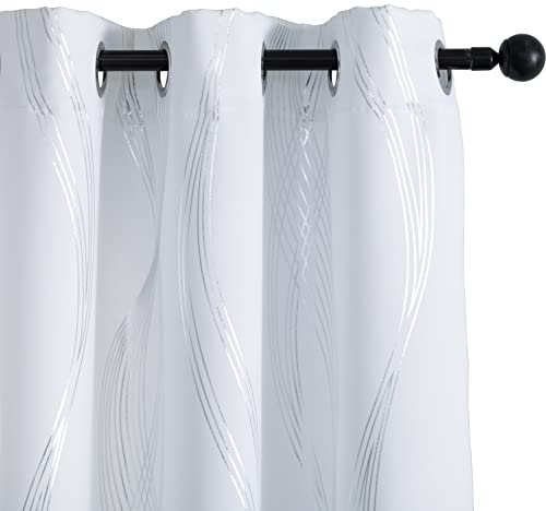 GIRASOLE HOME® Coppia Tende Oscuranti Termiche Morbide Fantasia Onde Argentate Tenda Isolante per Soggiorno Camera e Interni 2 Pannelli con Occhielli (140x285cm, Bianco)