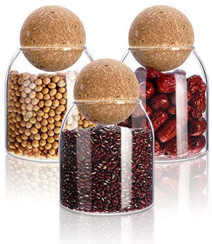 3 Pcs Glass Jar with Ball Cork Lid Decorative Round Bottle Sealed Canister Jar Storage Container Organizer with Airtight Seal Wooden Lid for Food Coffee Bean Candy Biscuits Spice(500 ML/ 17 Oz)