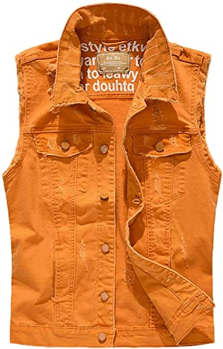 Lazutom Gilet da uomo senza maniche in denim casual slim fit strappato classico button down giacca di jeans, Giallo, M
