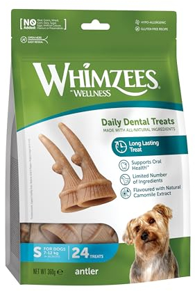 WHIMZEES by Wellness Antler, geweihförmiger Hundesnack für kleine Hunde, Größe S, 24 Stück, wirkt ruhigend, ohne Zuckerzusatz, getreidefrei, natürlich, fettarm