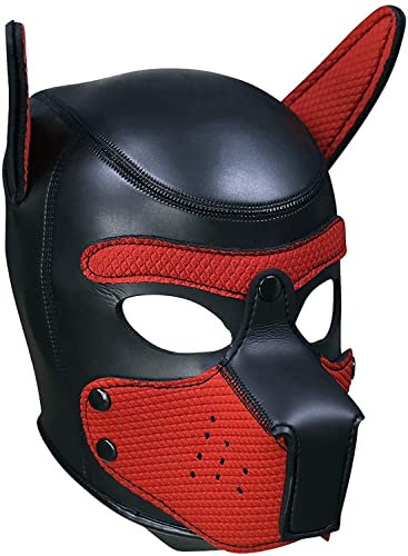 Meitaoyigou Mascarilla completa de látex suave Petplay para perros con orejas flexibles, boca extraíble, adecuada para Halloween, fiesta de vacaciones (L, rojo)
