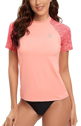 HUGE SPORTS Damen Rashguard Kurzarm Sonnenschutz Schwimmshirt Schnelltrocknend Bademode Surf Shirt (Rosa,L)