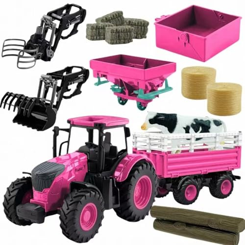 Hyrenee Farm Toys Bauernhof Tier Spielzeug Spielset Traktor mit Anhänger Zaun, Bauer, Baum, Kuh, Bauernhof Spielzeug Set für Jungen Mädchen Kinder Kleinkinder Alter 3-7 Jahre alt