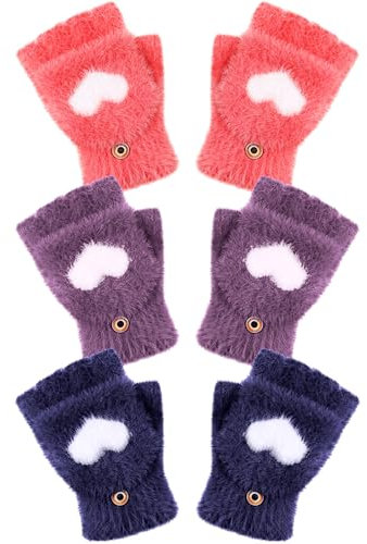 Geyoga 3 Paar Kinder Halbfinger Handschuhe Herzmotiv Fäustlinge mit Knopf Klappe(Lila, Marineblau, Rot,5-10 Jahre)