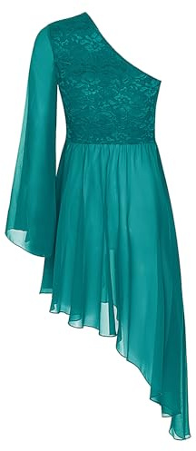 YEAHDOR Vestido de Baile con un Hombro para Mujer Vestido de Danza Lírica con Asimétrico Falda Vestido de Gasa Alabana Disfraz Bailarina S-XXL Verde S
