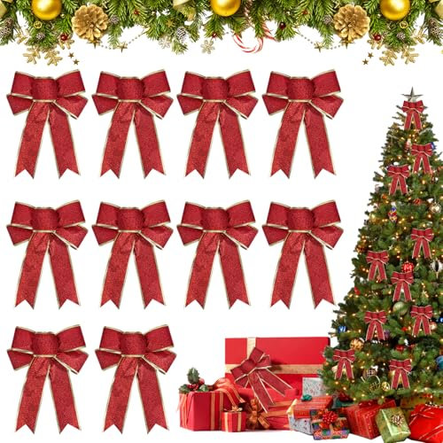Fiocchi Decorazione di Natalizi, 10 Pezzi Rosso Fiocchi Albero di Natale, Fiocchetti Paillettes Decorazioni, Fiocchi Natalizi Glitterati, per Albero di Natale Appeso, Decorazione Regalo (M4)
